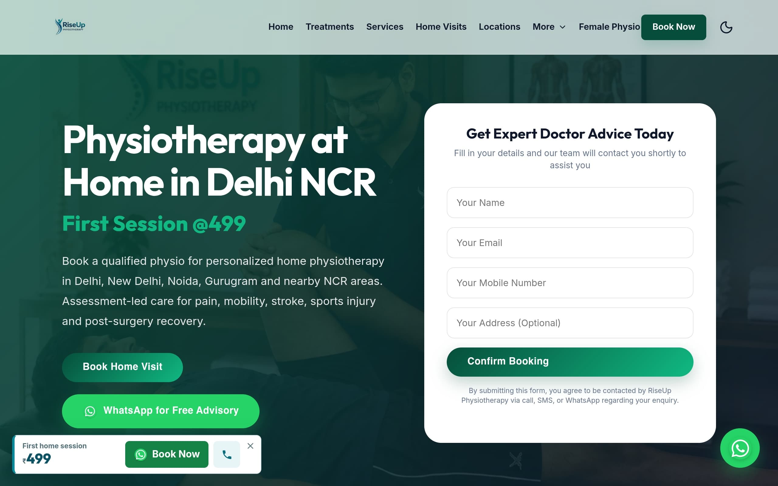 RiseUp Physiotherapy live website screenshot built by AIHOSTON
