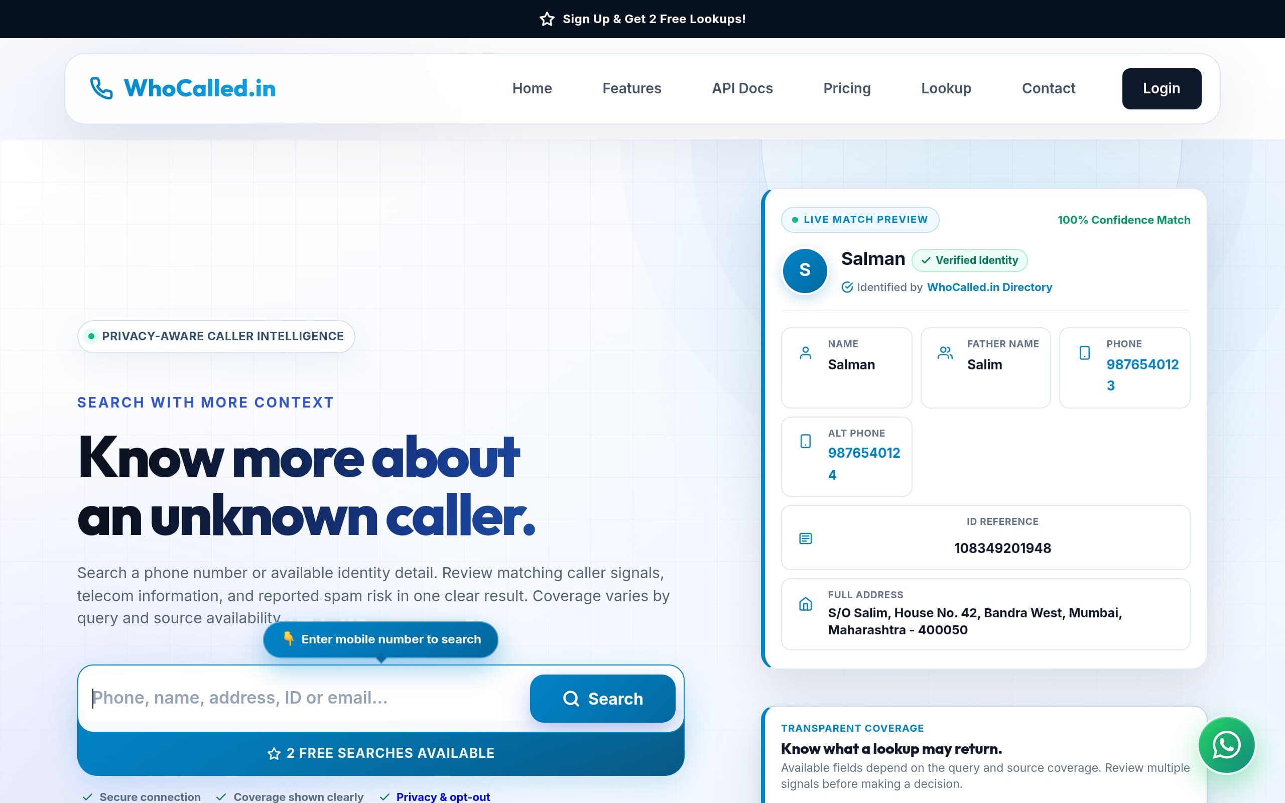 WhoCalled.in live website screenshot built by AIHOSTON